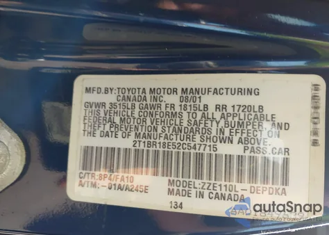 2002 Toyota Corolla Ce/Le/S из США, поврежденный, VIN 2T1BR18E52C547715